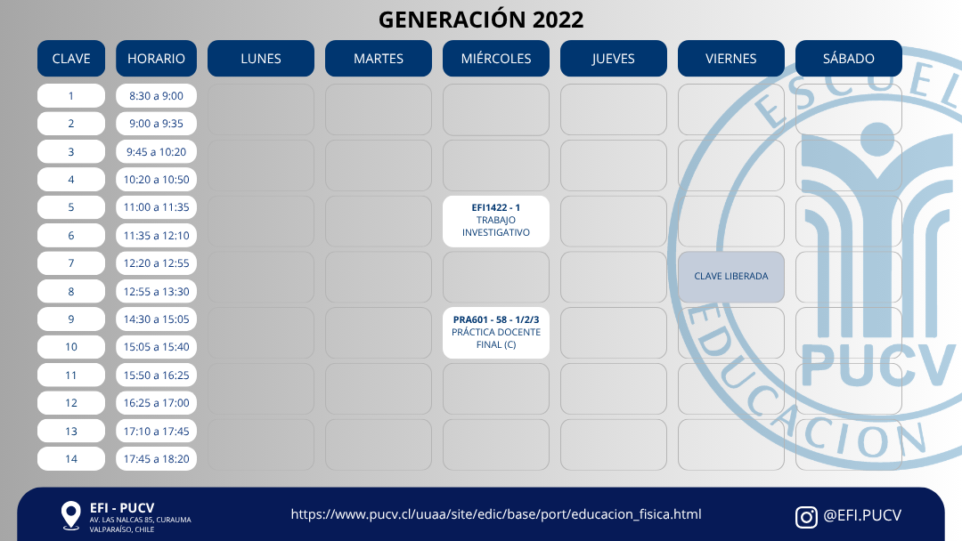 Calendario Generación 2022