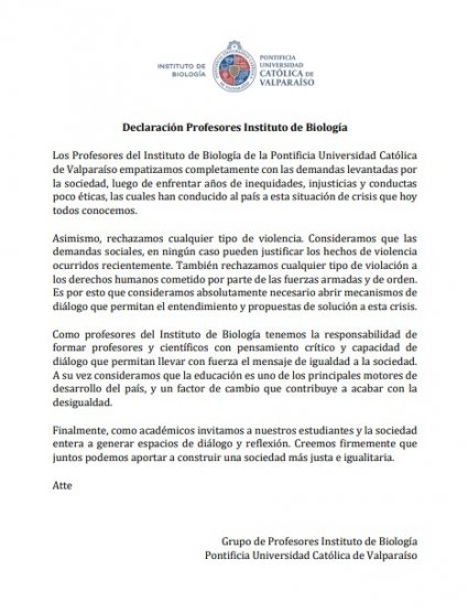 Declaración Profesores Instituto de Biología PUCV