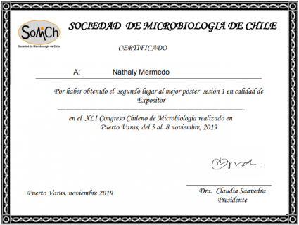 Estudiante del Magíster en Ciencias Microbiológicas PUCV fue premiada en la XLI Reunión Anual de la Sociedad de Microbiología de Chile (Somich 2019)