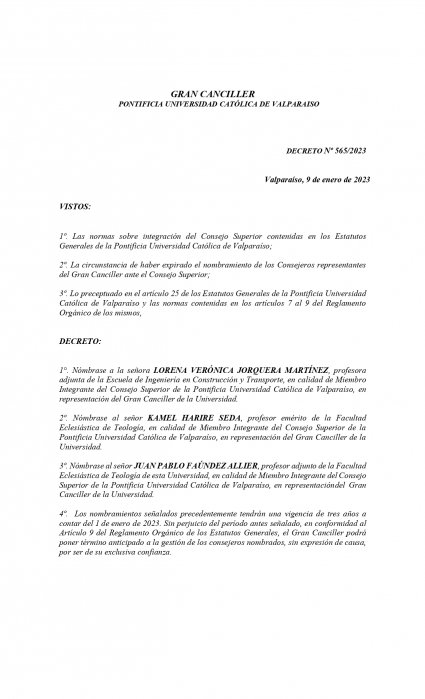 Académicos de Teología PUCV son ratificados como representantes del Gran Canciller ante el Consejo Superior de la Universidad